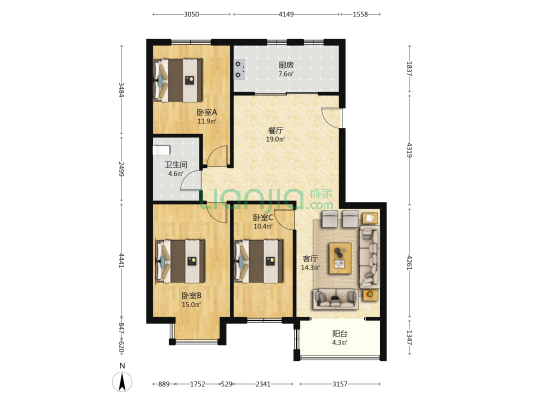 天地新城 南北通透大三居 业主自住装修 拎包入住-户型图