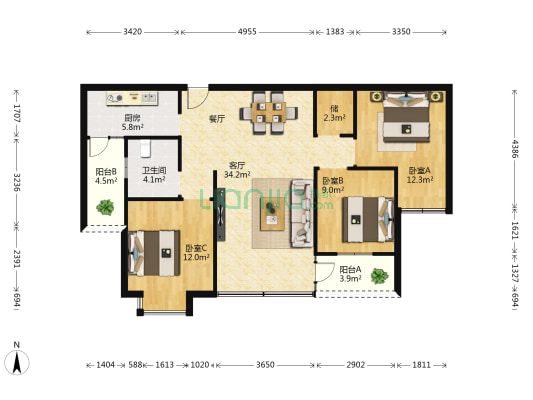 龙江花园 3室1厅1卫 101平方