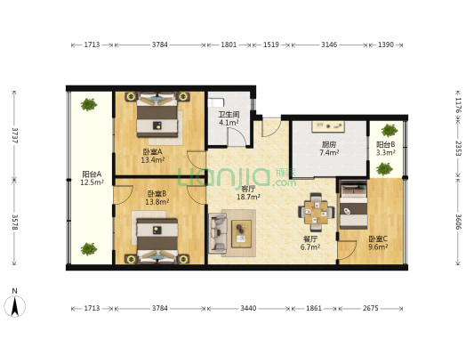 禾兴路 3室2厅1卫 85平方