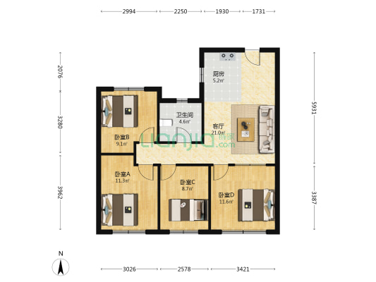 锦溢净月辰院 4室1厅1卫 104平方