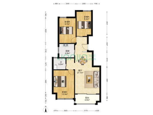 水岸枫情 3室1厅1卫 90平方