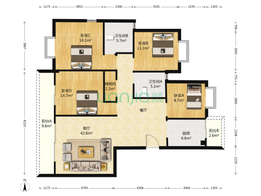 实力锦城A组团 4室1厅2卫 158平方