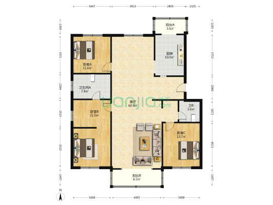 盛京花园 3室1厅2卫 171平方