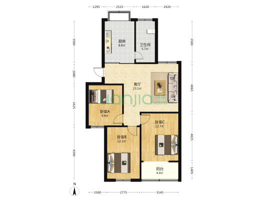 文华学院住宅楼 3室1厅1卫 92平方