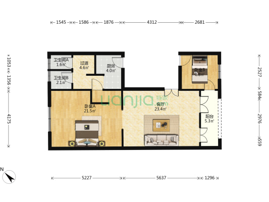 长春街65号 2室1厅2卫 95平方