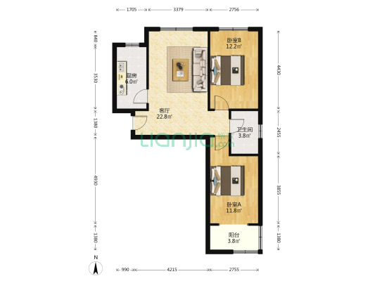 金阳瑞景南北通透大两居，中高楼层采光无遮挡-户型图