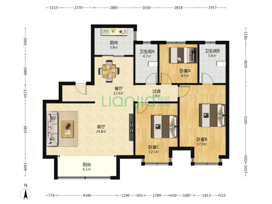 融创翡丽壹號 3室2厅2卫 138平方