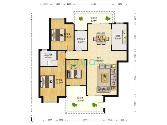 东江学府三期 3室1厅2卫 133平方