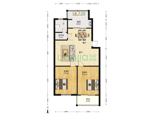景亭苑 2室1厅2卫 97平方