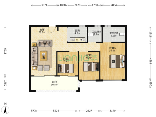 置地百悦府F区 3室1厅2卫 103平方
