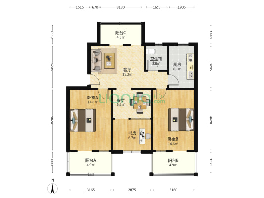 汉电小区 3室2厅1卫 95平方