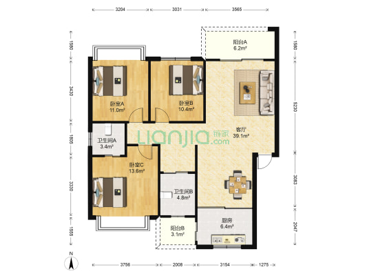 桥东翡翠园 3室1厅2卫 110平方