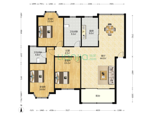 丽都花园 3室1厅2卫 148平方