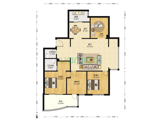 东方明珠苑 3室2厅2卫 161平方