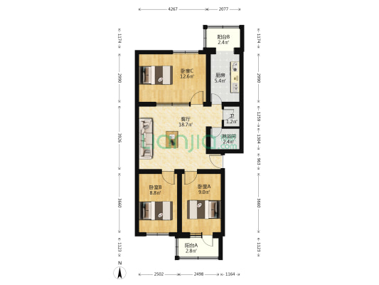 洼子一号 3室1厅2卫 87平方