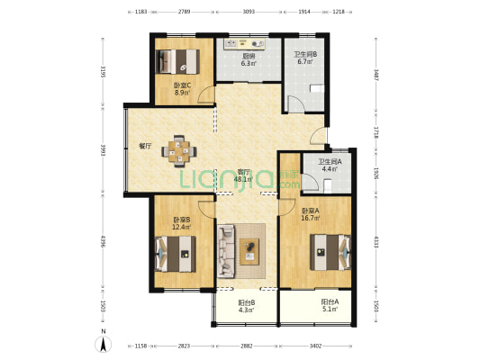 阳光城 3室1厅2卫 134平方