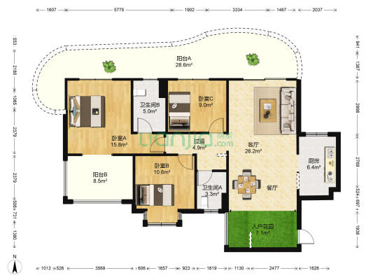 绿地海长流三期 3室1厅2卫 117平方
