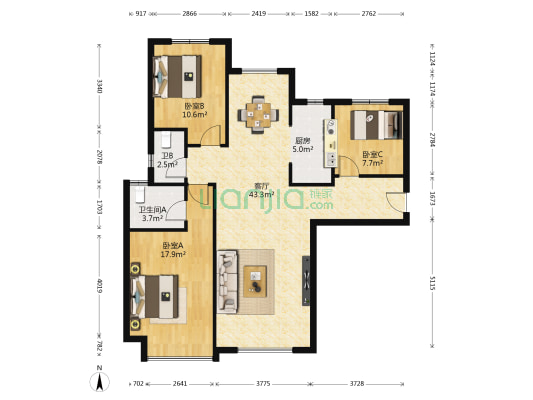 银河国际A区 3室1厅2卫 127平方
