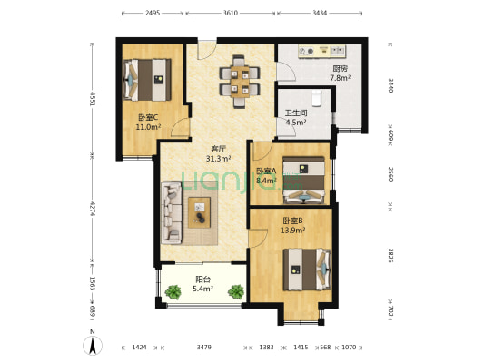曙光星城B区 3室1厅1卫 103平方