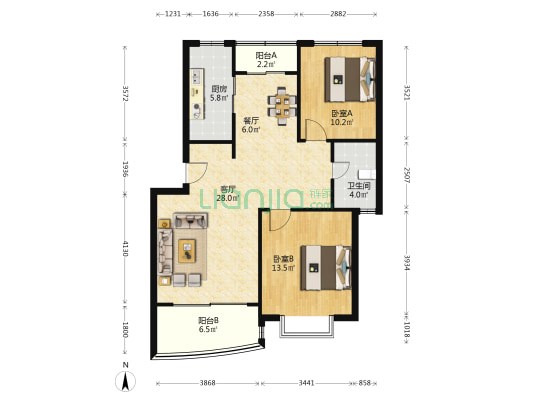 绿邑新苑 2室2厅1卫 89平方