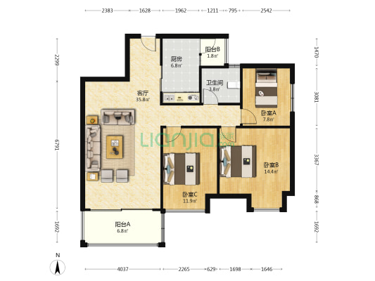 富力华庭 3室1厅1卫 106平方