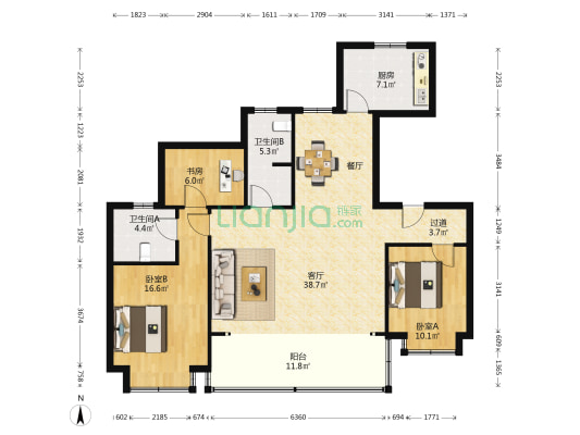 招商雍华府B区 3室1厅2卫 130平方