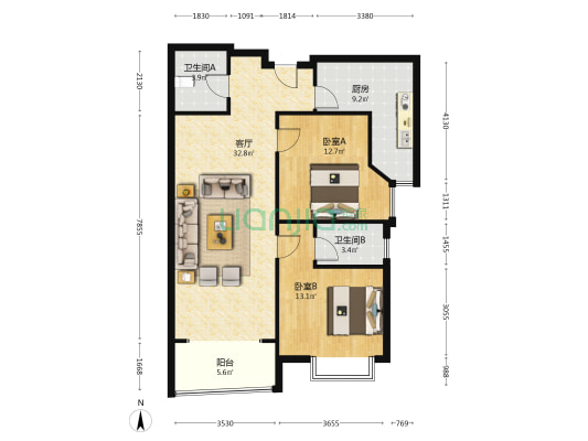 君临天下御景园 2室2厅 南-户型图