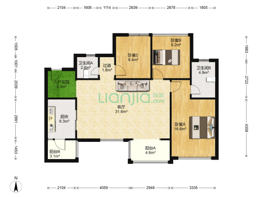 合能珍宝锦城 3室1厅2卫 105平方