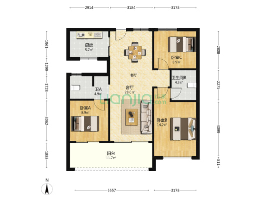万林府陆号院 3室1厅2卫 105平方