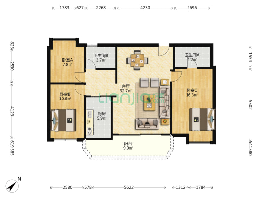 自来水宿舍 3室1厅2卫 105平方