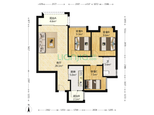 时代城五期 3室1厅1卫 86平方