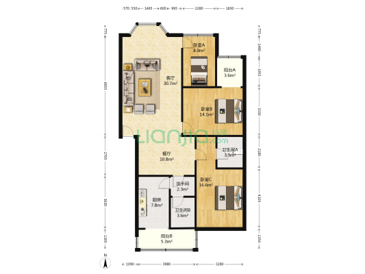 鸿雁小区 3室2厅3卫 119平方