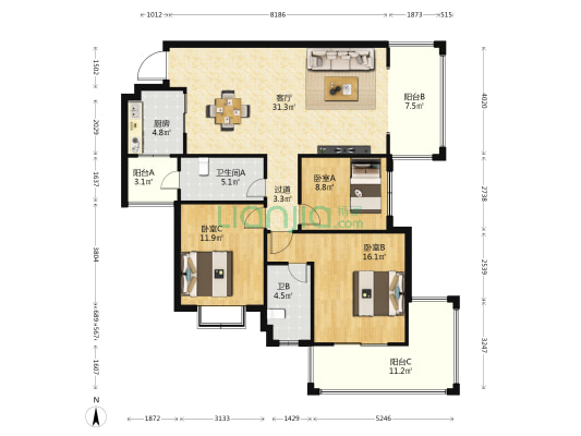 滨江世纪佳城(北院) 3室1厅2卫 130平方