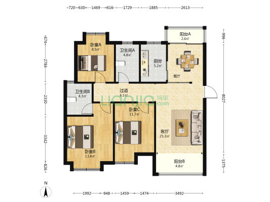 龙盛蓝郡 3室1厅2卫 106平方
