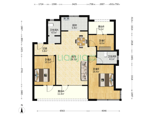 润诚天悦华府 3室1厅2卫 125平方