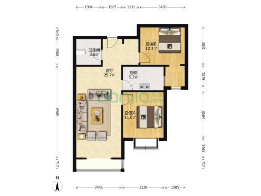 南向两居室  中高好楼层 业主靠谱-户型图