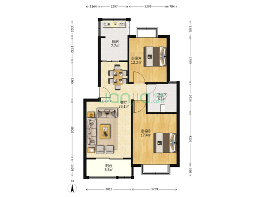 嘉裕花园(昆山市) 2室1厅1卫 95平方