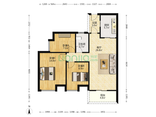 珠江好世界 3室1厅1卫 93平方
