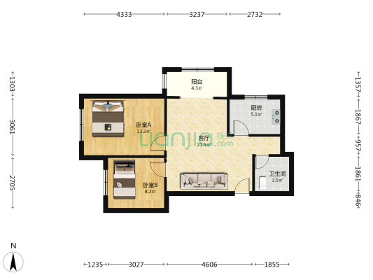 全南两居 户型方正 楼前无遮挡  视野开阔 采光充足-户型图