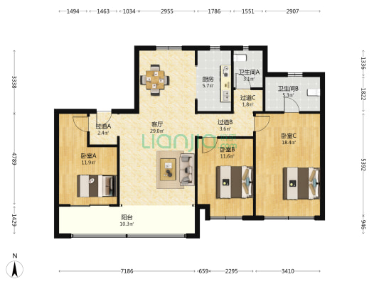 远洋万和公馆 3室1厅2卫 143平方