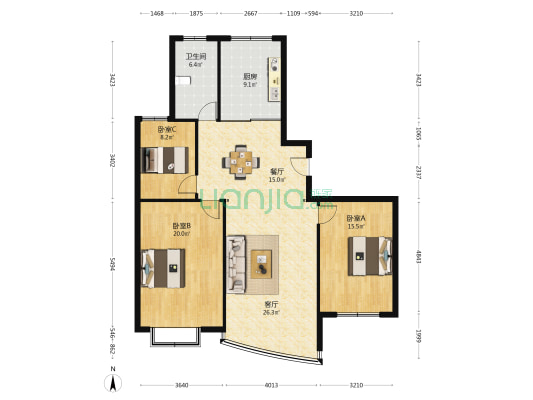 世纪家园北区 3室2厅1卫 144平方