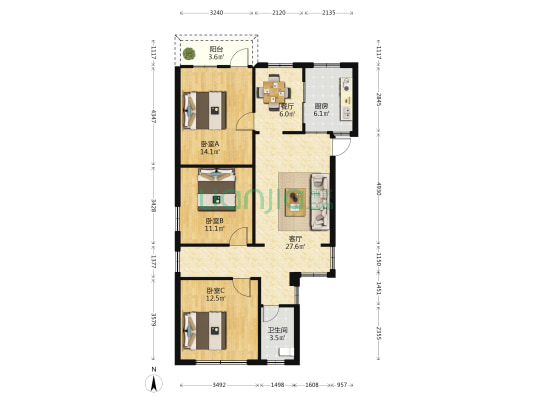 国家海洋局北海海洋环境检测中心站宿舍区 3室2厅1卫 64平方