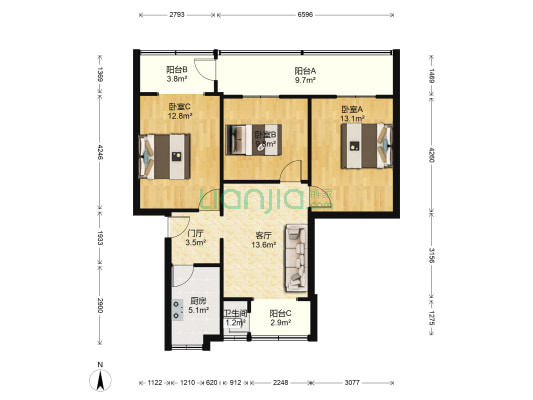 一环路北二段62号 3室1厅1卫 75平方