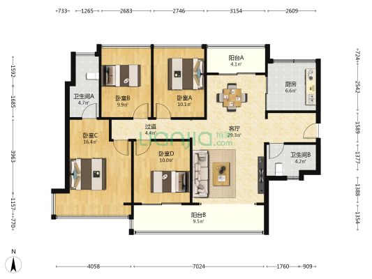 深业山水东城 4室1厅2卫 131平方
