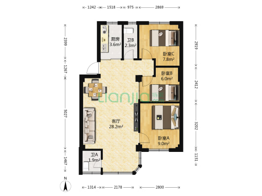 63中学校宿舍 3室1厅2卫 69平方
