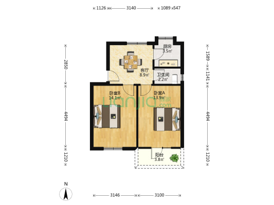 中南一路26号 2室1厅1卫 57平方