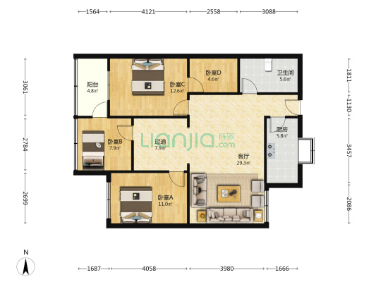 农业银行宿舍 4室1厅1卫 97平方