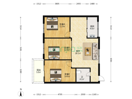 公园西路19号 3室1厅1卫 104平方