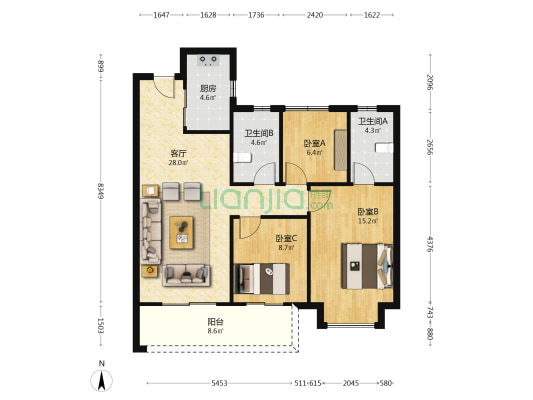 卓越大江 3室1厅2卫 105平方