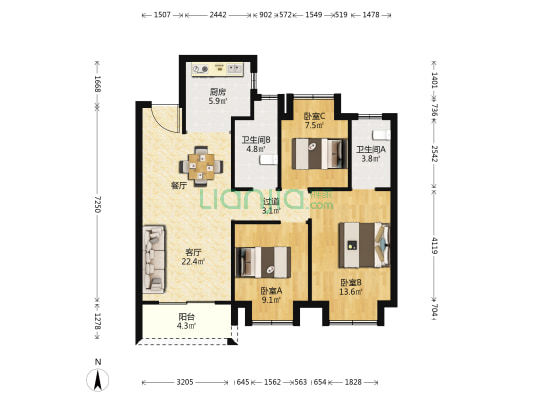 武汉国际社区B2地块 3室1厅2卫 95平方